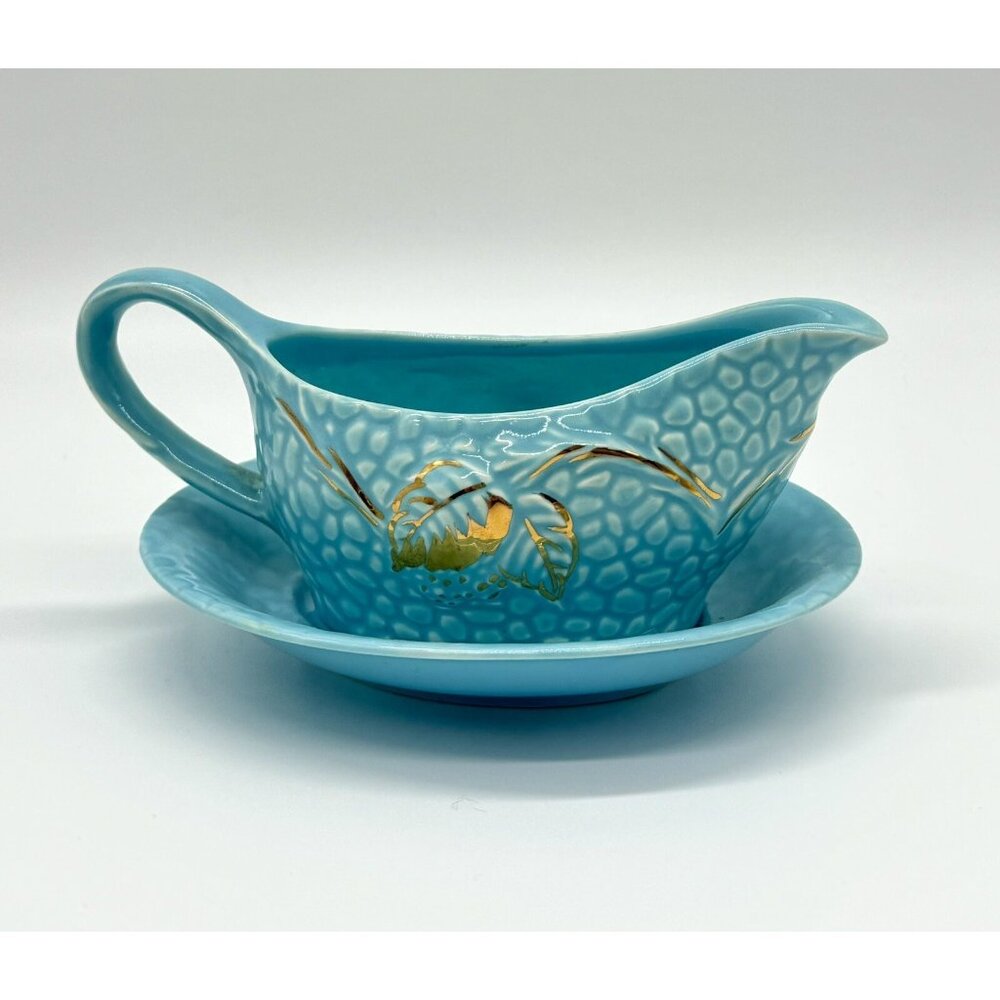 Vintage Wade Golden Turquoise Small Gravy Boat w Under Plate Gold Teal B